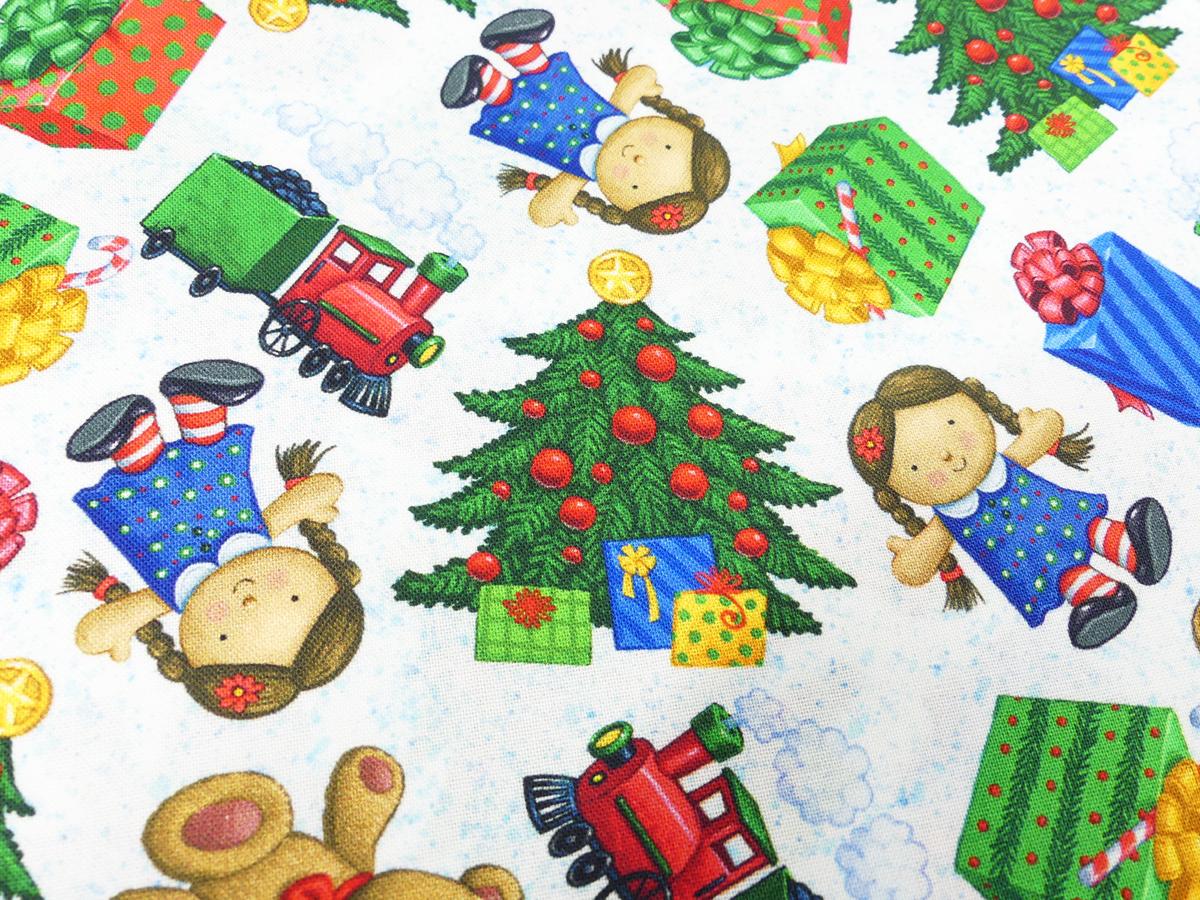 Patchworkstoff mit Teddy, Puppe, Weihnachtsbaum Detailansicht